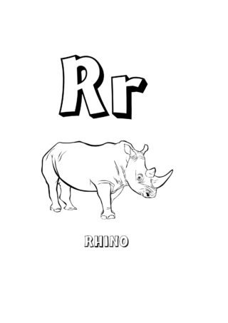 Розвиваючі розмальовки Буква R та носоріг (rhino) — скачати та роздрукувати в форматі А4
