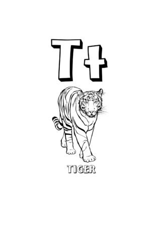 Розвиваючі розмальовки Буква T та тигр (tiger) — скачати та роздрукувати в форматі А4