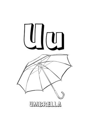 Розвиваючі розмальовки Буква U та парасолька (umbrella) — скачати та роздрукувати в форматі А4