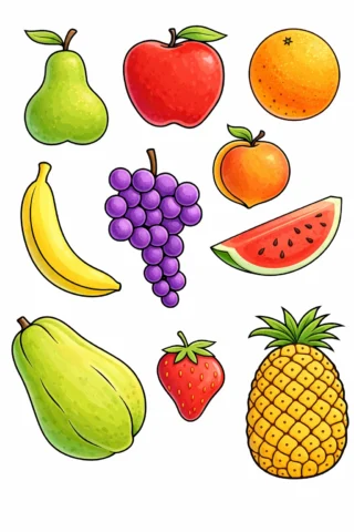Малюнки для дітей Фрукти та ягоди скачати та роздрукувати в форматі А4