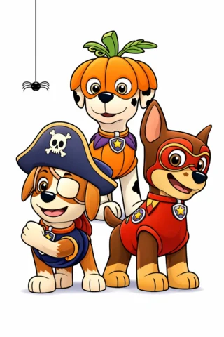 Малюнки з персонажами із мультфільмів Щенячий патруль на Хелловін скачати та роздрукувати в форматі А4