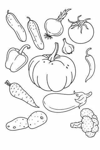 Розмальовки для дітей Овочі з городу скачати та роздрукувати в форматі А4