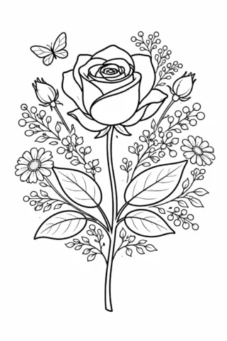 Розвиваючі розмальовки — Троянда з квітами та метеликом скачати та роздрукувати в форматі А4