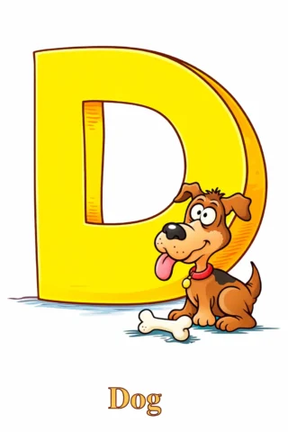 Розвиваючі малюнки Буква D та собака (dog) — скачати та роздрукувати в форматі А4