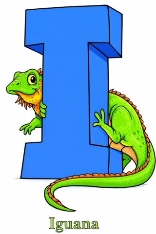 Розвиваючі малюнки Буква I та ігуана (iguana) — скачати та роздрукувати в форматі А4
