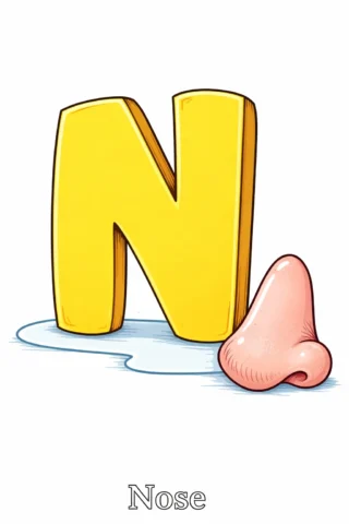 Розвиваючі розмальовки Буква N та ніс (nose) — скачати та роздрукувати в форматі А4