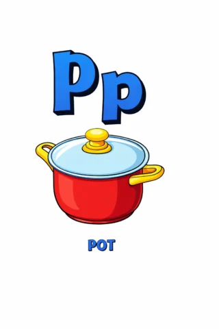 Розвиваючі малюнки Буква P та каструля (pot) — скачати та роздрукувати в форматі А4