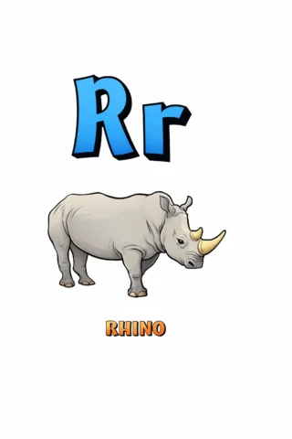 Розвиваючі розмальовки Буква R та носоріг (rhino) — скачати та роздрукувати в форматі А4