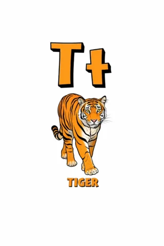 Розвиваючі розмальовки Буква T та тигр (tiger) — скачати та роздрукувати в форматі А4