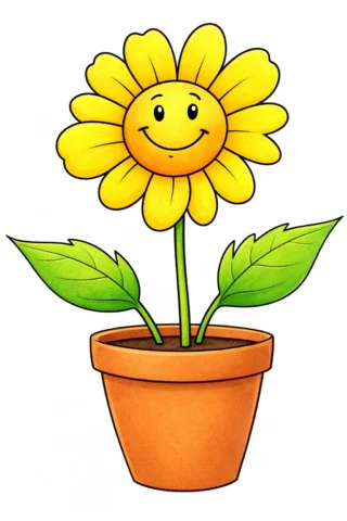 Розвиваючі розмальовки — Усміхнена квітка в горщику скачати та роздрукувати в форматі А4