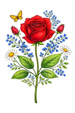Розвиваючі малюнки — Троянда з квітами та метеликом скачати та роздрукувати в форматі А4