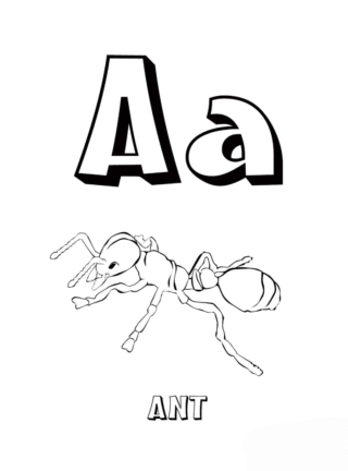 Розвиваючі розмальовки Буква A та мураха (ant) — скачати та роздрукувати в форматі А4