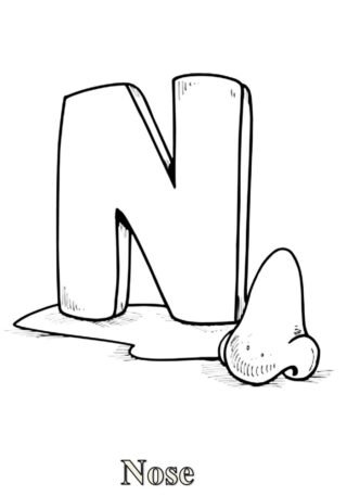 Розвиваючі розмальовки Буква N та ніс (nose) — скачати та роздрукувати в форматі А4
