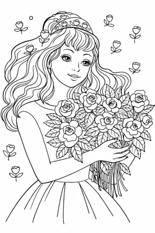 Розмальовки для дівчат: весняна дівчина з букетом троянд скачати та роздрукувати в форматі А4