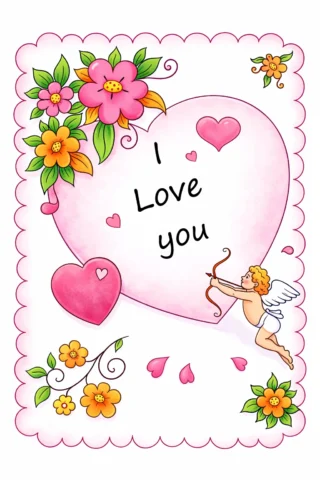 Розмальовки для дорослих: Валентинка з серцем та написом I Love You скачати та роздрукувати в форматі А4