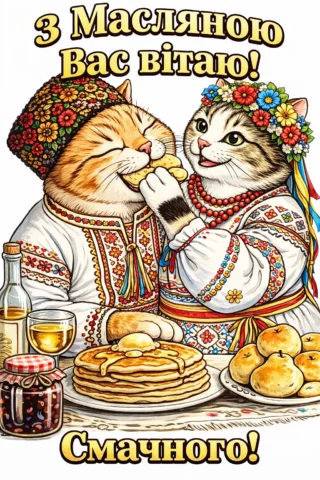 Малюнки до свят: З Масляною вас вітаю — котики в народному вбранні скачати та роздрукувати в форматі А4