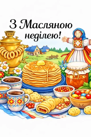 Малюнки до свят: З Масляною неділею — святковий стіл з млинцями скачати та роздрукувати в форматі А4