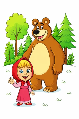 Розмальовки з персонажами із мультфільмів: Маша і Ведмідь на лісовій галявині