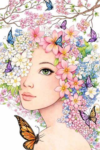 Малюнки для дівчат: дівчина весни з квітами та метеликами скачати та роздрукувати в форматі А4