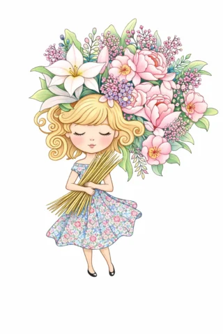 Малюнки для дівчат: дівчинка весни з букетом квітів скачати та роздрукувати в форматі А4