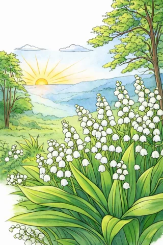 Малюнки пори року: Конвалії навесні на світанку скачати та роздрукувати в форматі А4