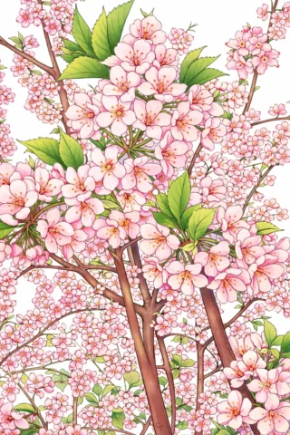 Малюнки пори року: Квітучі весняні дерева та розмаїття квітів скачати та роздрукувати в форматі А4