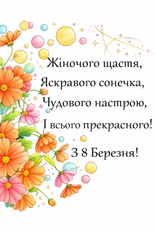 Малюнок для дорослих до 8 Березня листівка з космеями скачати та роздрукувати в форматі А4