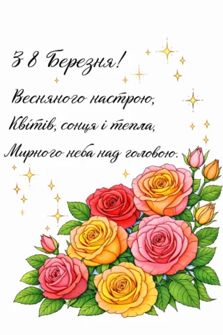 Розвиваючі малюнки до 8 Березня листівка з трояндами скачати та роздрукувати в форматі А4