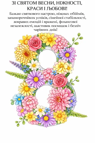 Малюнки для дорослих до 8 Березня з квітковою вісімкою скачати та роздрукувати в форматі А4