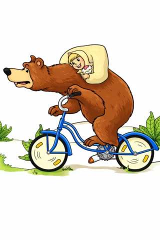 Малюнок з персонажами із мультфільмів Маша і Ведмідь на велосипеді скачати та роздрукувати в форматі А4