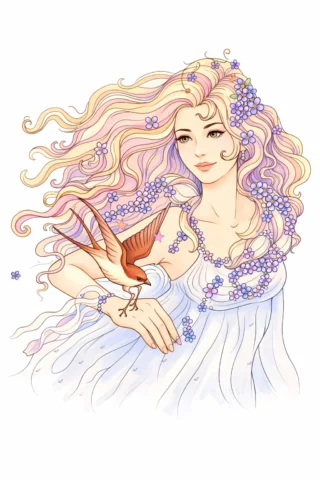 Розмальовки для дівчат: образ весняної дівчини з пташкою скачати та роздрукувати в форматі А4