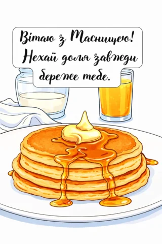Малюнки для дорослих: Вітання з Масницею — млинці з медом, скачати та роздрукувати в форматі А4