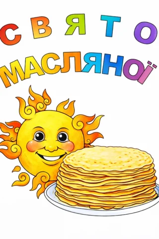 Малюнки до свят: Свято Масляної — усміхнене сонце та млинці скачати та роздрукувати в форматі А4