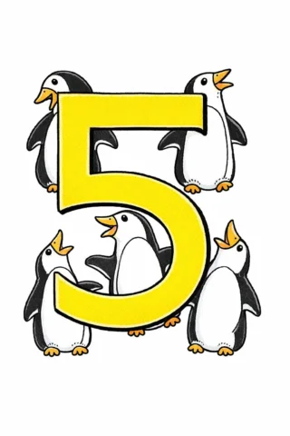 Розвиваючі розмальовки цифра 5 та п’ять пінгвінів скачати та роздрукувати в форматі А4