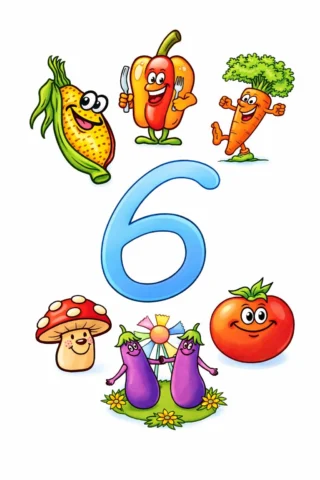 Розвиваючі малюнки цифра 6 та веселі овочі скачати та роздрукувати в форматі А4