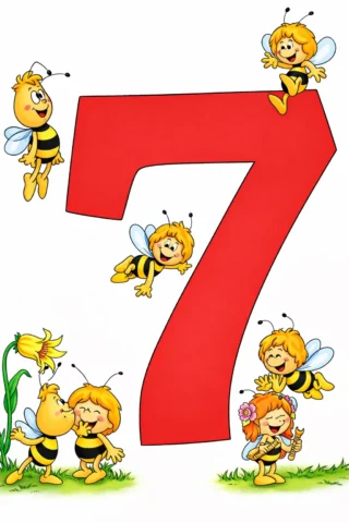 Розвиваючі малюнки цифра 7 з веселими бджілками скачати та роздрукувати в форматі А4