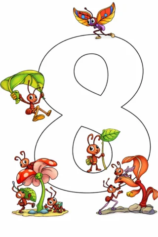 Розвиваючі малюнки цифра 8 з веселими мурашками скачати та роздрукувати в форматі А4