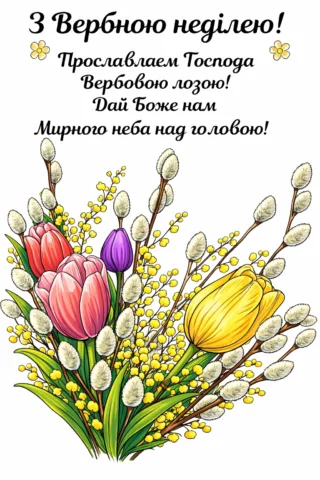 Малюнки до свят: Вербна неділя з вітальним написом і весняним букетом скачати та роздрукувати в форматі А4
