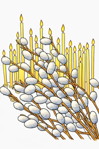 Малюнки до свят: Вербна неділя зі свічками та вербою скачати та роздрукувати в форматі А4