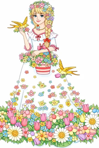 Малюнок для дівчат: весняна дівчинка з квітами скачати та роздрукувати в форматі А4