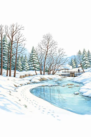 Малюнки пори року: Весняне озеро та лісовий пейзаж скачати та роздрукувати в форматі А4