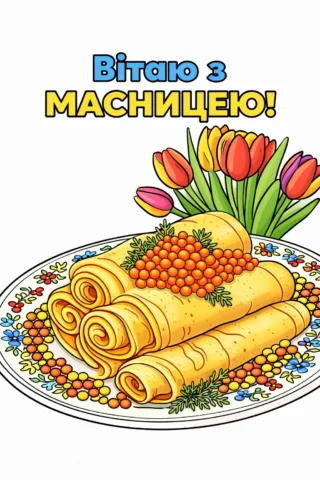 Малюнки до свят: Вітаю з Масницею — млинці з ягодами та квітами скачати та роздрукувати в форматі А4