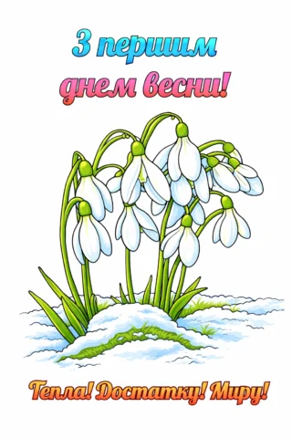 Малюнки пори року З першим днем весни — проліски та теплі побажання скачати та роздрукувати в форматі А4