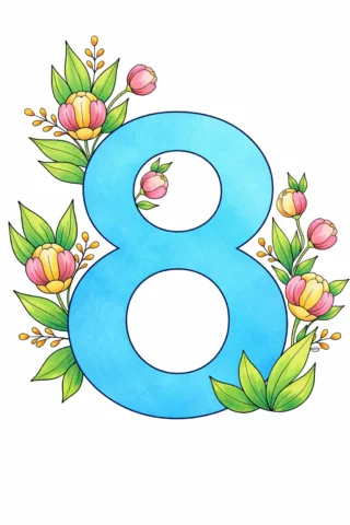 Розвиваючі розмальовки цифра 8 з квітами скачати та роздрукувати в форматі А4