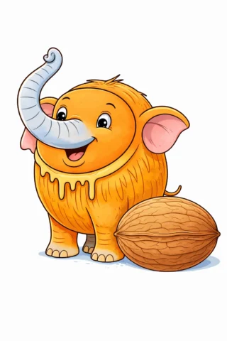 Малюнок для дорослих: кумедний слоненя з великим горіхом, скачати та роздрукувати в форматі А4