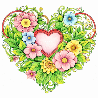 Малюнки для дорослих Серце в квітах до Дня святого Валентина скачати та роздрукувати в форматі А4