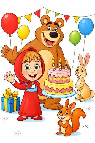 Малюнок з персонажами із мультфільмів Маша і Ведмідь день народження скачати та роздрукувати в форматі А4