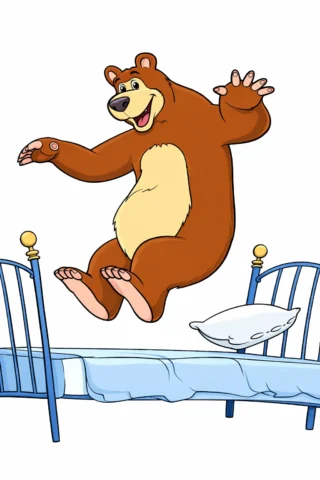 Розмальовки з персонажами із мультфільмів Ведмідь стрибає на ліжку скачати та роздрукувати в форматі А4