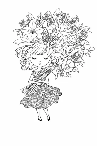 Розмальовки для дівчат: дівчинка весни з букетом квітів скачати та роздрукувати в форматі А4