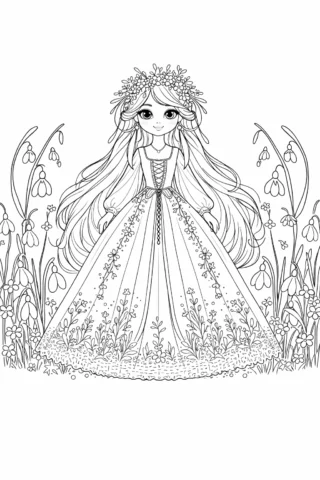 Розмальовки для дівчат: образ весняної дівчини з пролісками скачати та роздрукувати в форматі А4